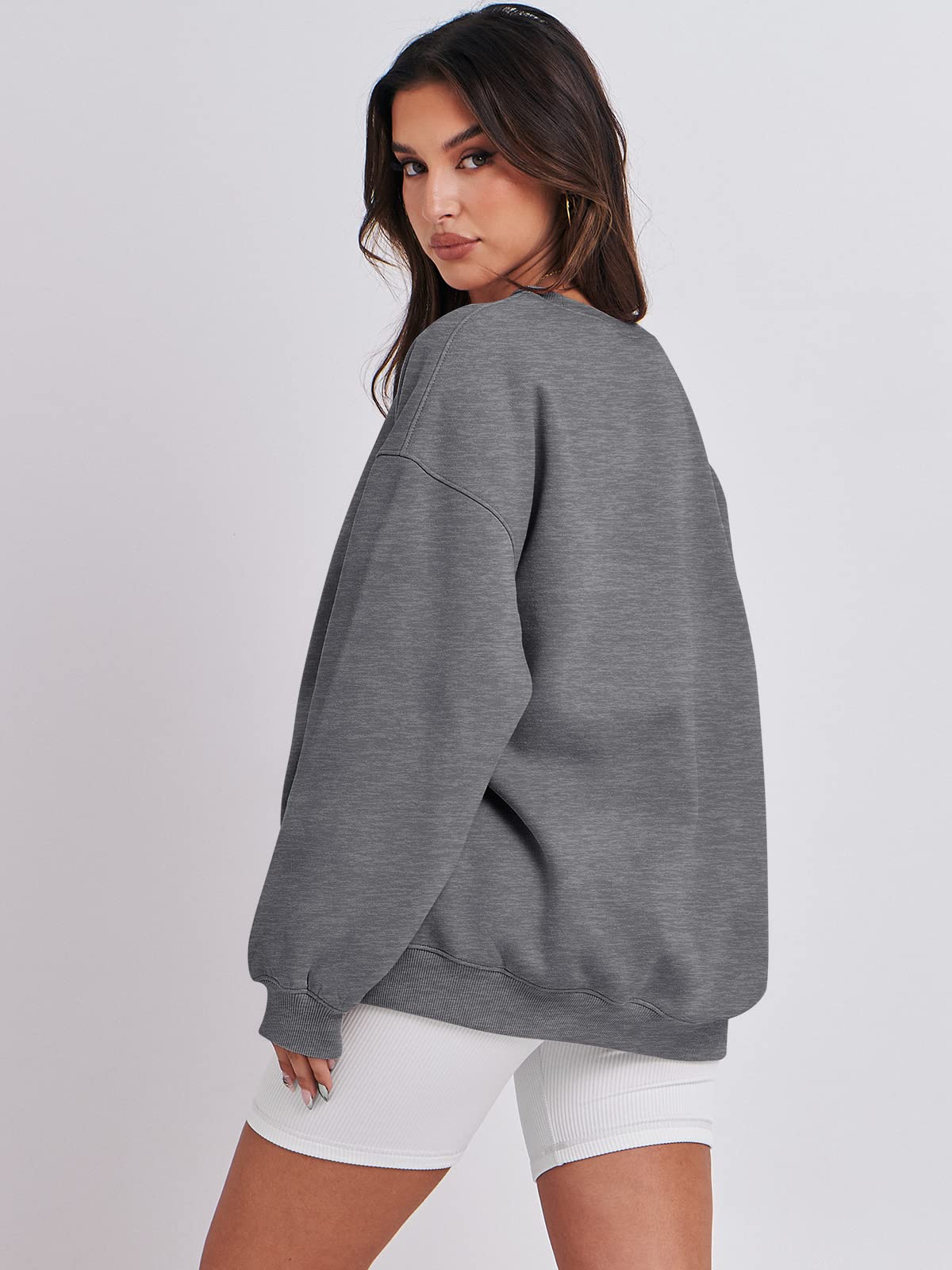 Damskie bluzy oversize bluzy z kapturem polar okrągły dekolt sweter top codzienne jesienne stroje preppy ubrania nastolatki 2024 A1019 światło, Jeden kolor, Gray_S