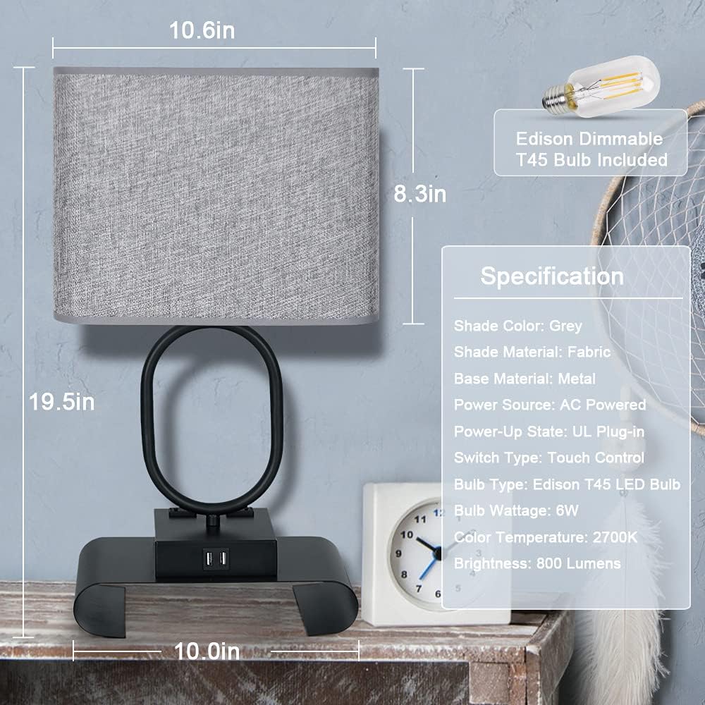 Focondot Table Lamp, 3-Way Dimmable Touch Control Lamp Built-in Newest USB-A&USB-C Charging Port and 2-Prong AC Outlets, Modern Nightstand Lamp for Bedroom Guestroom Living Room Hotel(Grey) - - 