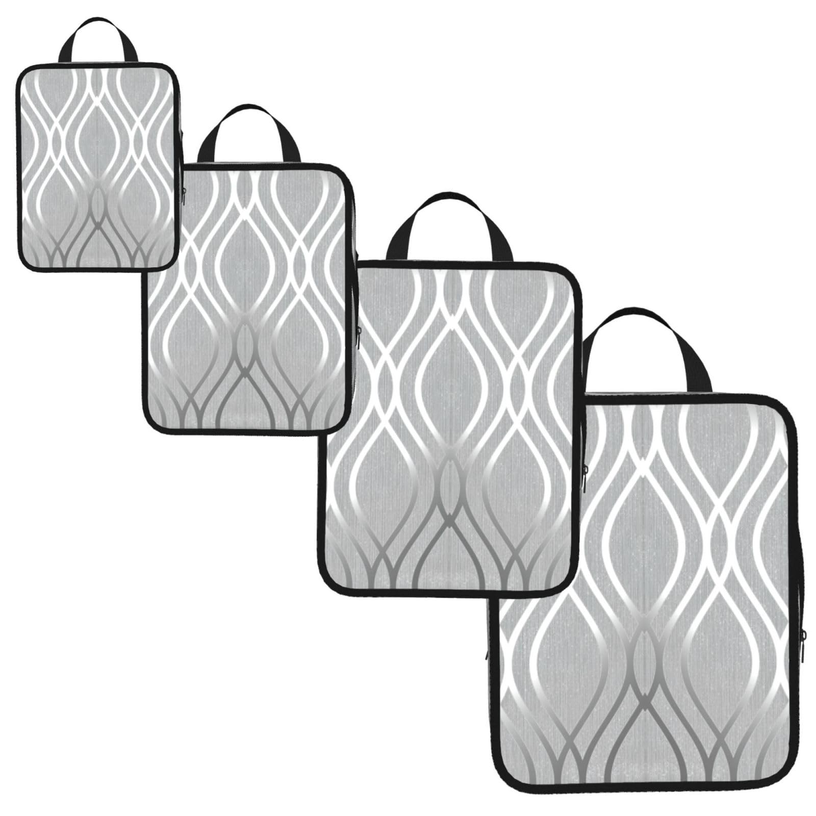 Silver Geometric Figure Print 4 Set Compression Packing Cubes for Suitcases,Expandable Storage Bags Organizers