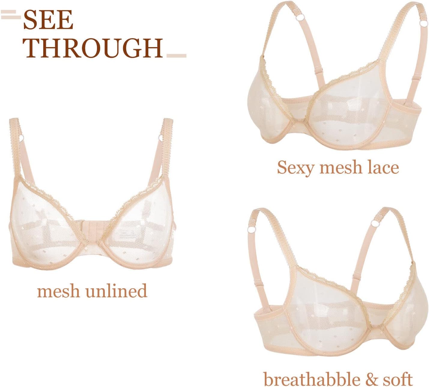 PaZo Women's See Through Unlined Sexy Lace Mesh Sheer Unpadded Demi Cup Bra Underwire Bralettes