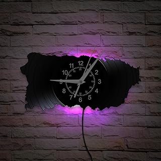 Puerto Rico Wall Clock, 7 Colors Luminous 12 Inch Map Wall Clock, Silent Quartz Non Ticking Modern Decorative Vinyl Record Night Light Clock Wall Watch for Living Room Housewarming Gift