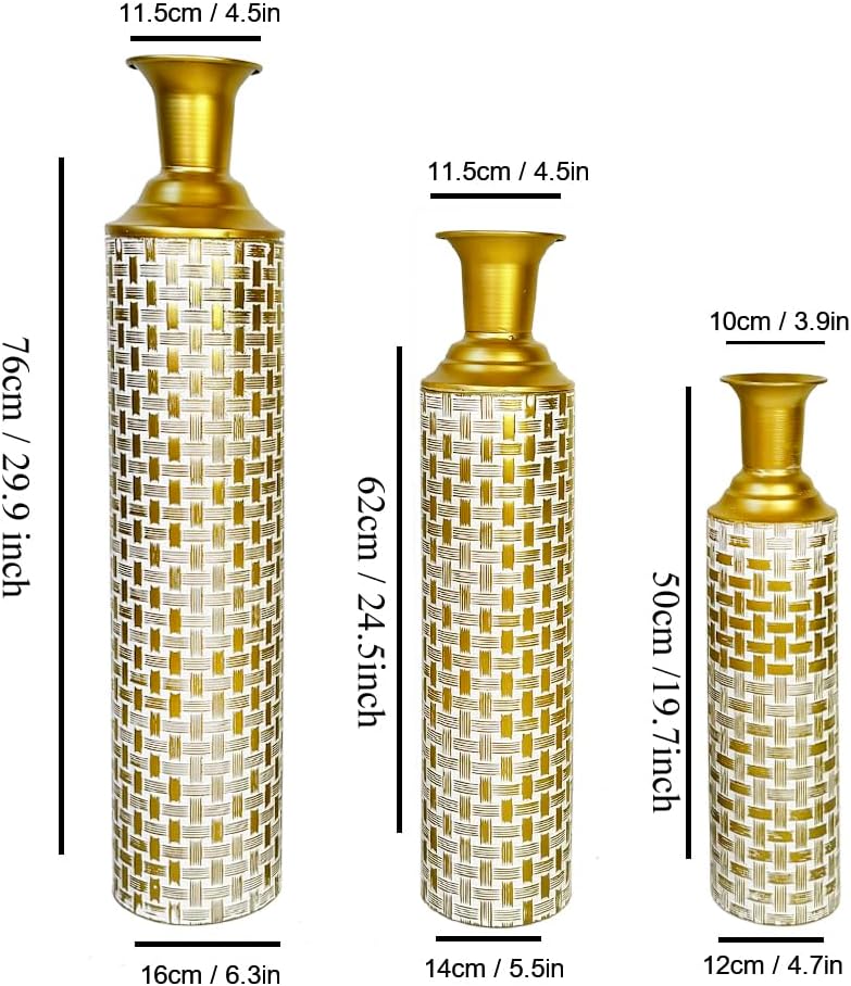 Leewadee Gold Tall Floor Vase, Set of 3 Decorative 26/21/16″ Large Vases from Metal for Home Decor Living Room, Style with Pampas Grass for Modern, Vintage, Rustic or Farmhouse Room Decor