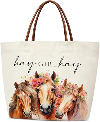 Aesthetic Canvas Tote Bag for Women Teens Reusable Grocery Shopping Bag With Handles Cute Tote Bag -Hay Girl Hay