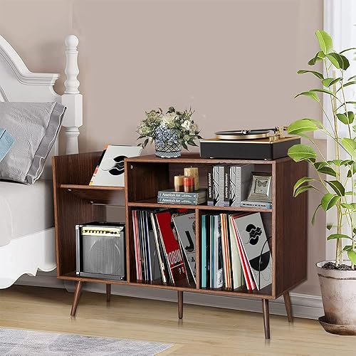 Miniatura 5 de affeivul Soporte moderno de mediados de siglo mesa de almacenamiento de discos de vinilo con patas de madera soporte para tocadiscos soporte para