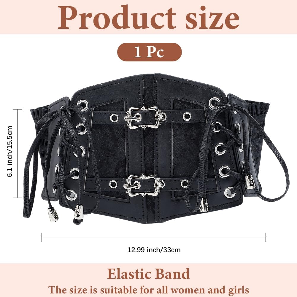Black Faux Leather Waist Corset Belt Wide Vintage Medieval Around Obi Trendy Elastic Lace Up Waistband Belts with Alloy Buckle Loosens Bulk for Women Dress Shirts Clothes Costume Accessories - Image 2