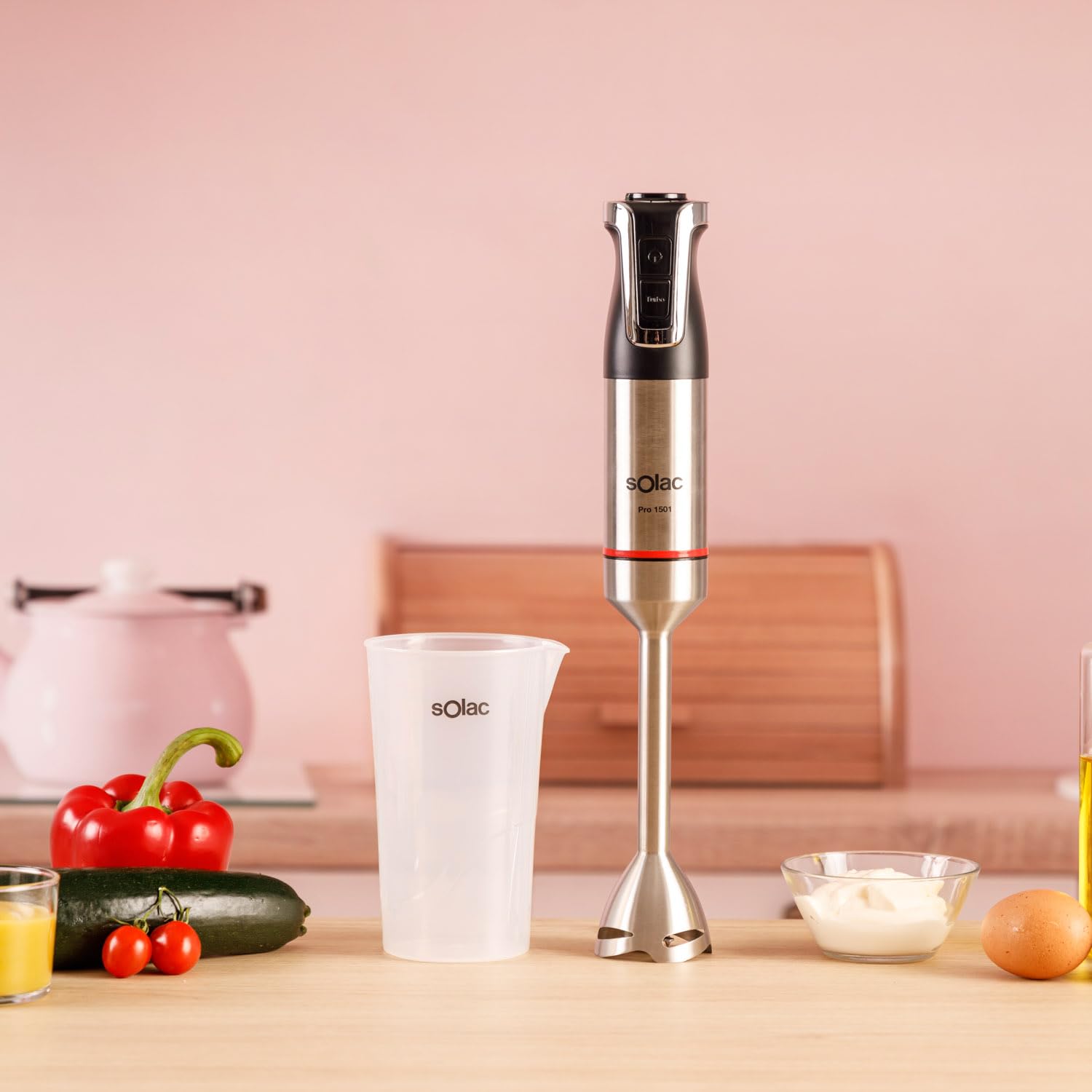 Solac - Batidora de Mano 1500W de Potencia | 20 Velocidades Ajustables + TURBO | 4 Cuchillas de acero inoxidable para purés, batidos, carne y picar hielo | Apto para Lavavajillas | Vaso medidor 700ml