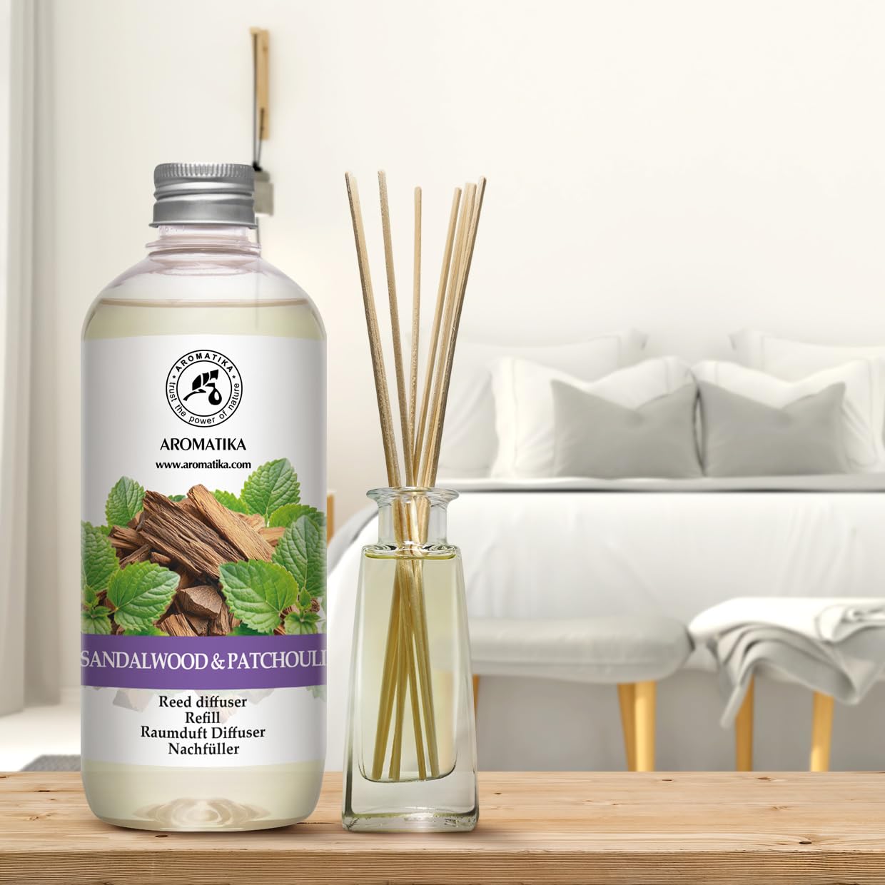 Recharge Diffuseur de Santal Patchouli 500 ml - Diffuseur à l'Huile Essentielle de Patchouli - Desodorisant Maison - Fragrance Durable - Aromathérapie - Reed Diffuseur Refill Sandalwood & Patchouli