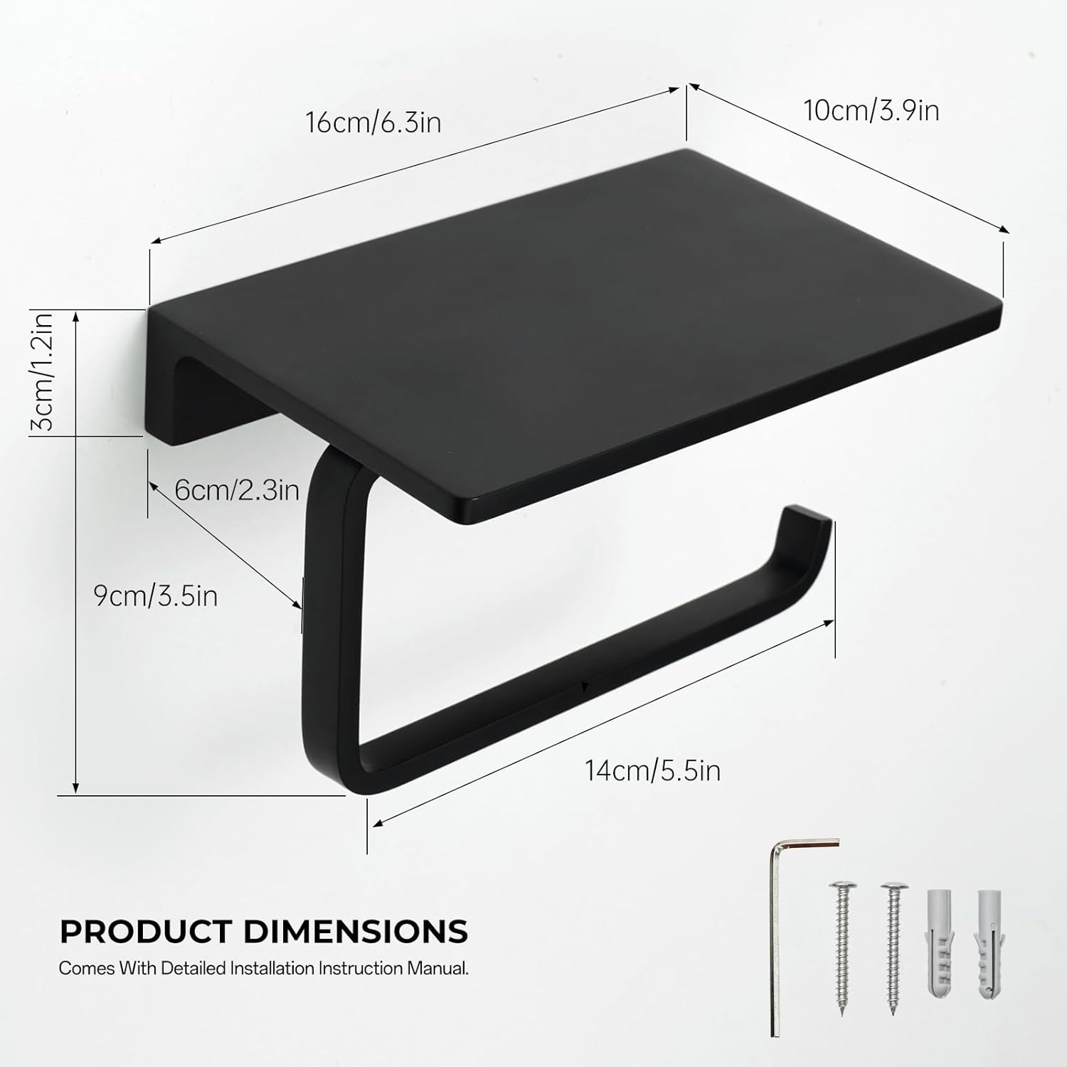 Toilet Paper Holder Wall Mount with Shelf, Bathroom Tissue Holder with Phone Storage, Rustproof Metal Roll Dispenser (Black-Brass)