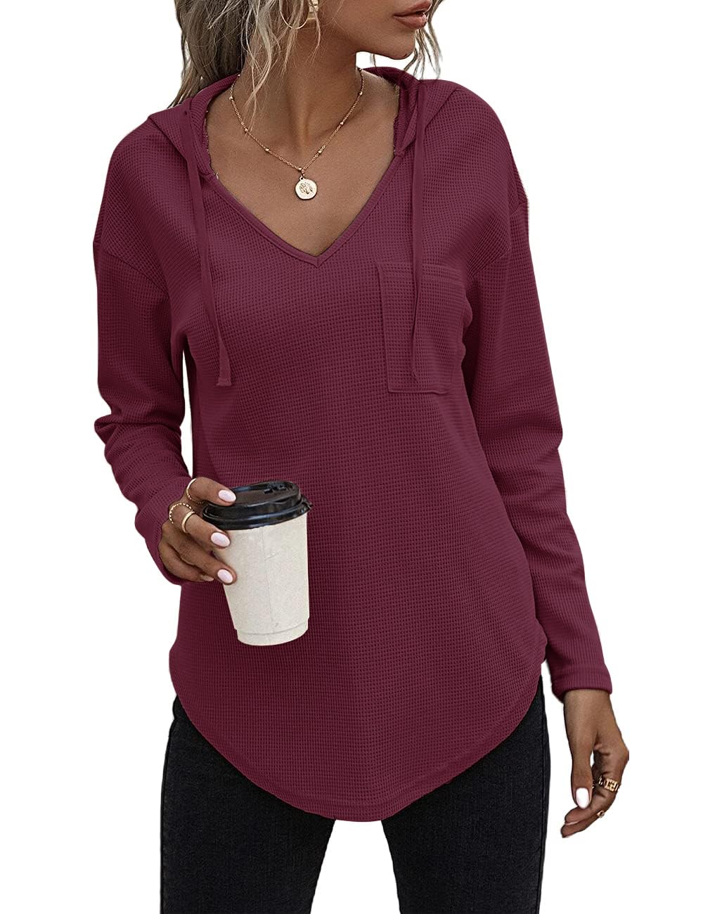 Cuptacc Felpa Donna con Cappuccio 2024 Maglione Scollo A V Autunno Maglia Manica Lunga Camicia Elegante