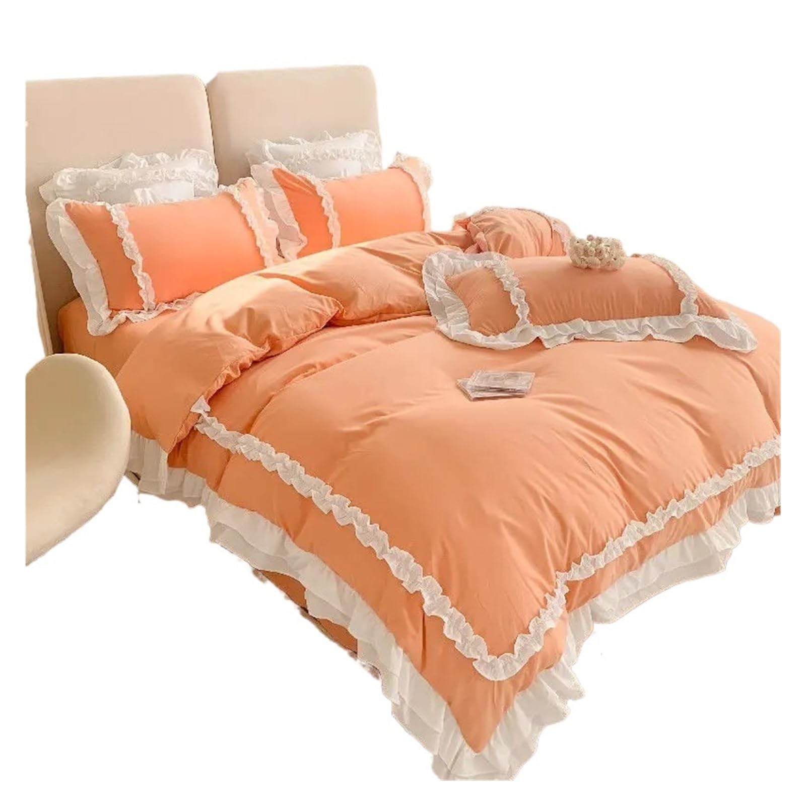 GCYEIDMA Ruffle Duvet Cover Lace Bedding Sets Bed Linen Washed Cotton Ruffle Duvet Cover Sheet and Pillowcases(Orange,200x230cm 4pcs)