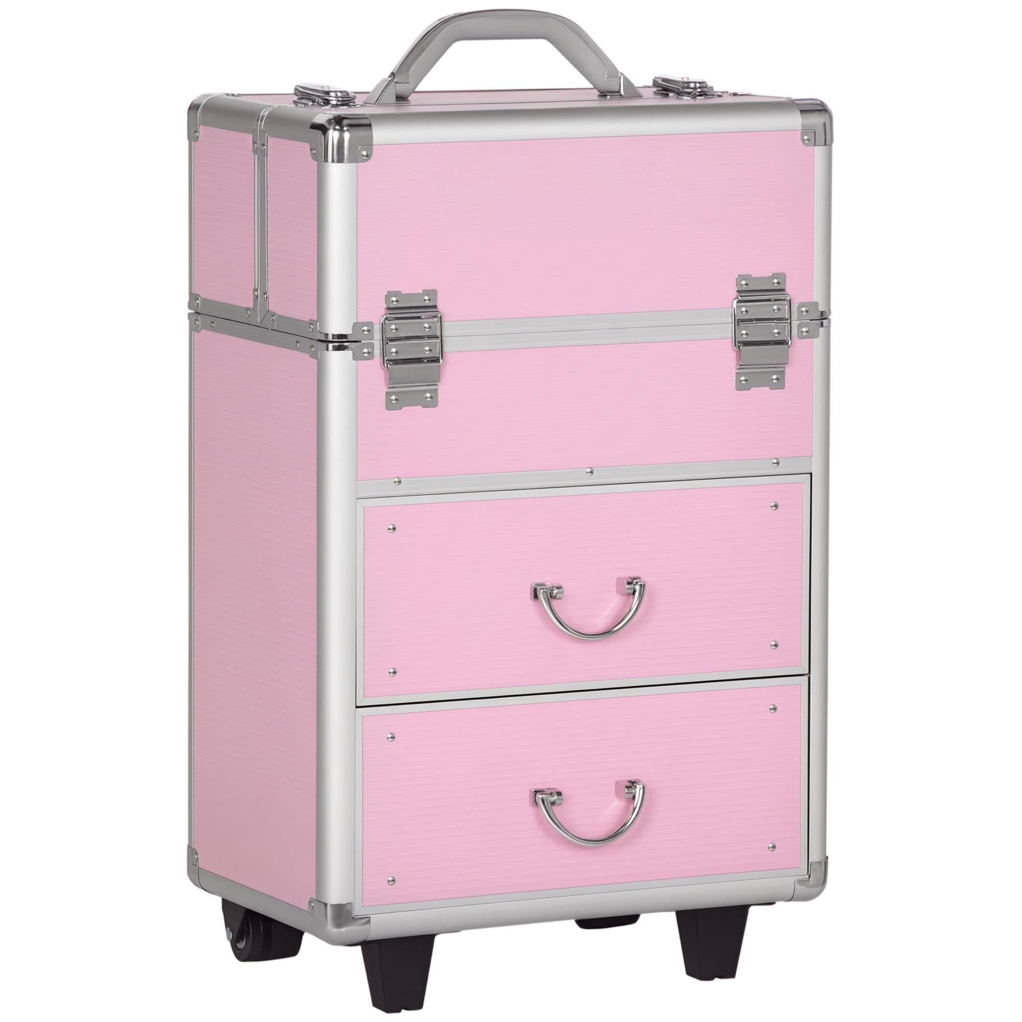 HOMCOM Walizka na wózek do makijażu kosmetyczka Vanity regulowany uchwyt teleskopowy alu. ABS, Różowy, 36x23x58cm, Walizka na kółkach do makijażu