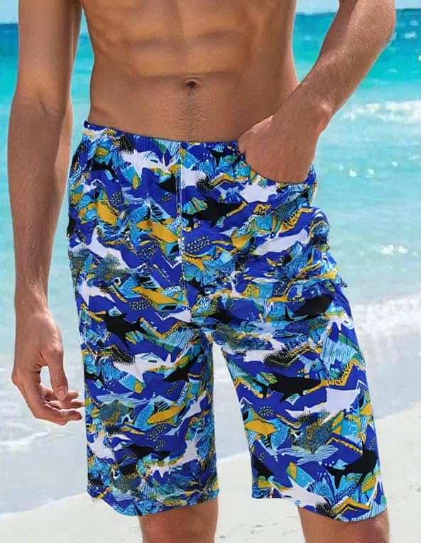 Men’s Shark Print Swim Trunks Quick Dry Beach Shorts, Lightweight Board Shorts with Elastic Waist for Summer