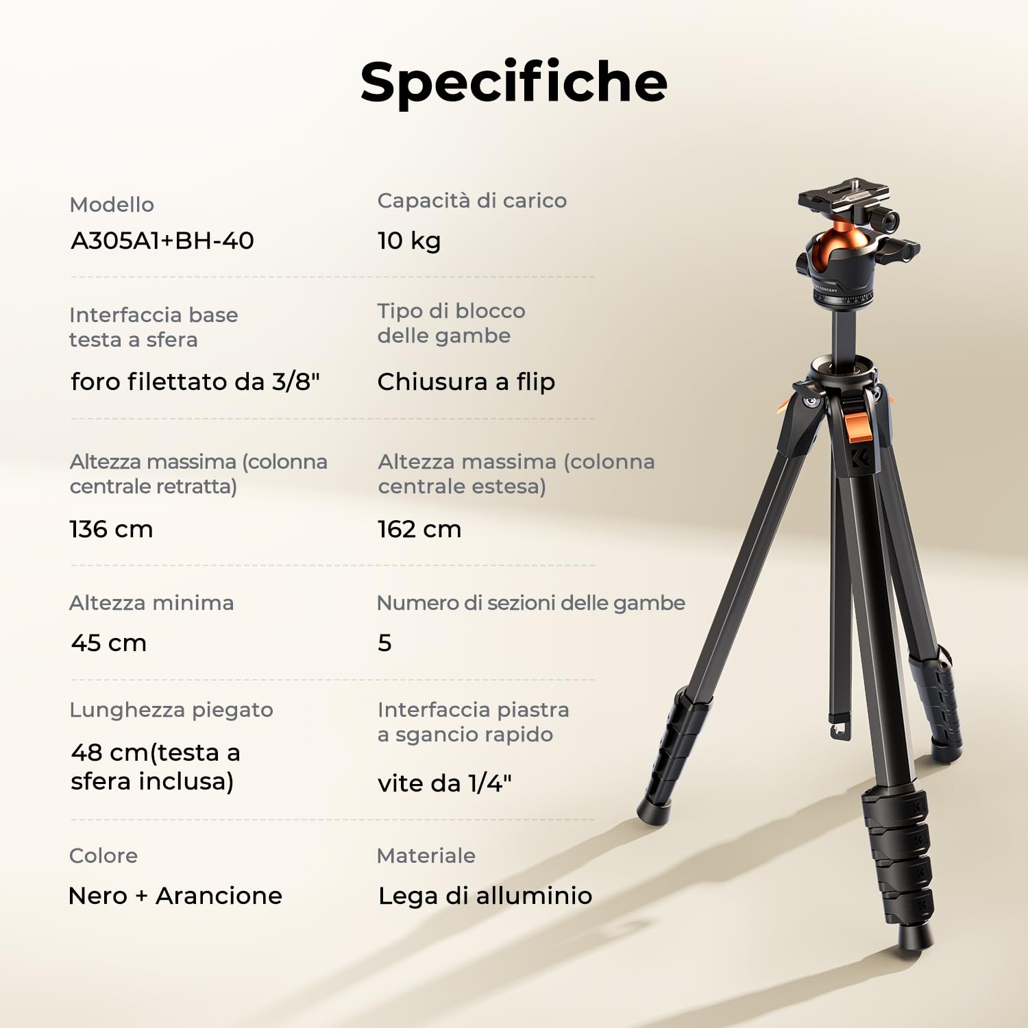 K&F CONCEPT Treppiede Fotocamera e Smartphone 162cm, Cavalletto Fotografico | Treppiedi Per DSLR/Mirrorless/Sony/Canon/Nikon, Portata 10kg, Alluminio con Supporto per Cellulare 2-in-1, A305A1+BH-40