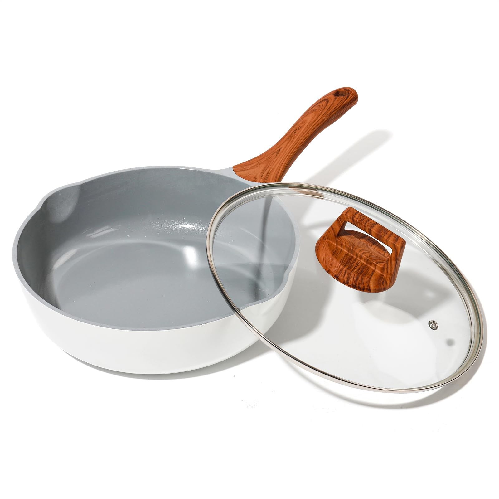 SC Cooker Nonstick Frying Pan with Lid, 10 Inches Ceramic Frying Pans Non Stick, Saute Pans with Pour Spout, Non Toxic Induction Frying Pan for Stove, Gas, PB/CD/PFOA Free (White, 26cm)