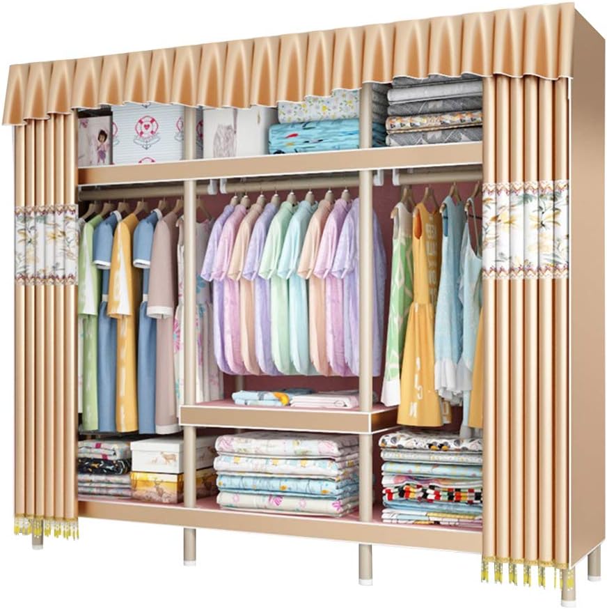 Foldable Closets Cloth Wardrobe—Double Mobile Open Wardrobe with Clothes Hanging Rails Storage Shelves Organizer Bedroom Furniture (Multi-Color) (Yellow Type B)