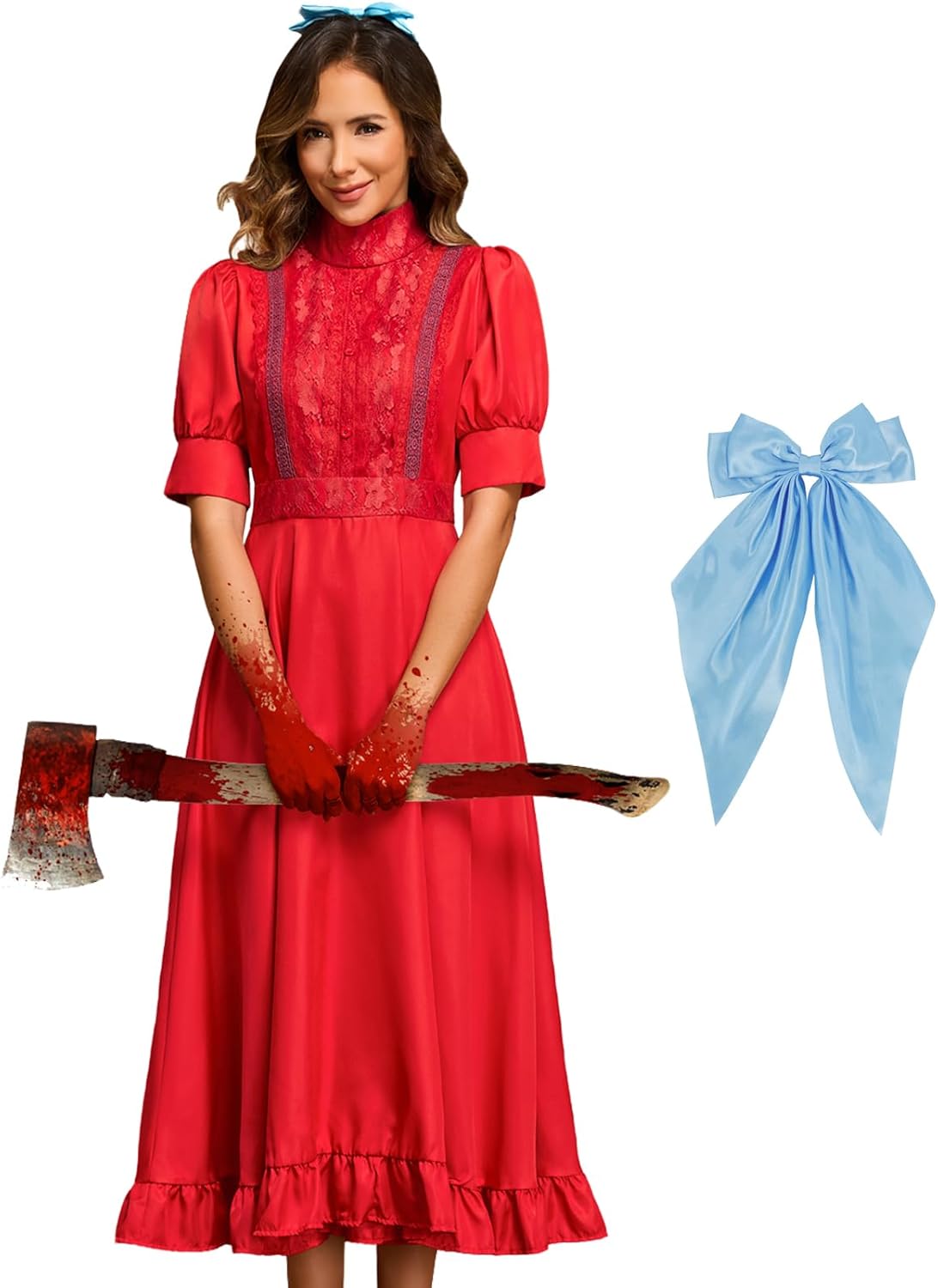 Pearl Costume Horror Movie Cosplay Red Dress with Blue Bowknot Women Short Sleeves Halloween Party Gothic Dress