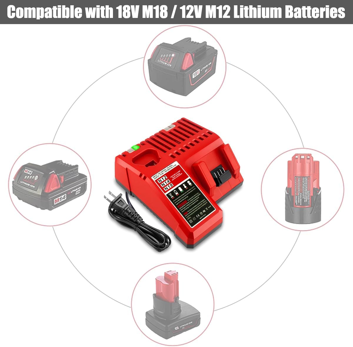 Lizone M12 & M18 Multi-Voltage Battery Charger Replacement for Milwaukee Rapid Charger 48-59-1812 - Compatible with Milwaukee M12 12V and M18 18V Lithium-ion Battery 48-11-2420 48-11-2401 48-11-1840