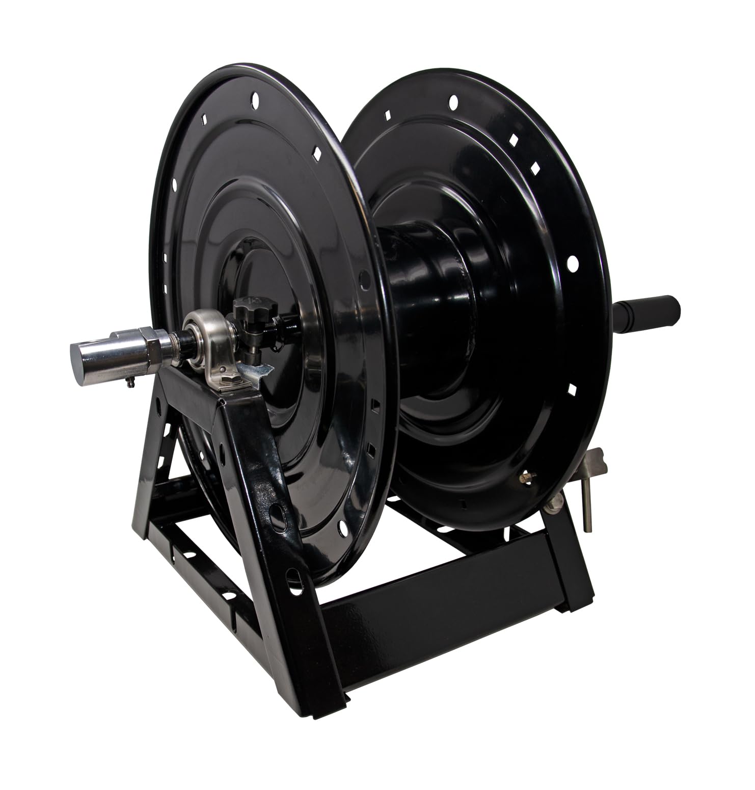 General Pump DHRA50150 3/8" x 150' Black Steel Hose Reel with Flat Sidewalls, A-frame, Pin Lock and Brake and Stainless Steel Swivel Inlet, 5000 Psi (