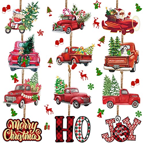 Whaline 12 Pcs Christmas Turck Hanging Ornaments Acrylic Xmas Tree Red Truck Santa Double-Sided Hanging Decor Retro Car Ho Joy Farmhouse Ornaments for Christmas Tree Holiday Home DIY Craft Supplies