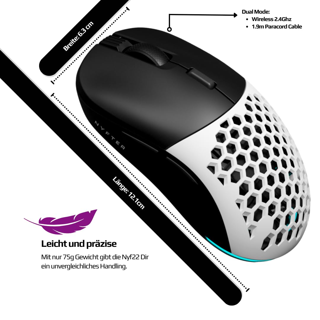 Nyfter - NYF22 Wireless Gaming Mouse Ultraligero 75g Potente con 400mA 19K DPI, 400 IPS 1000 Hz 50h Duración de la batería Duradera Dos Cases intercambiables Incluye