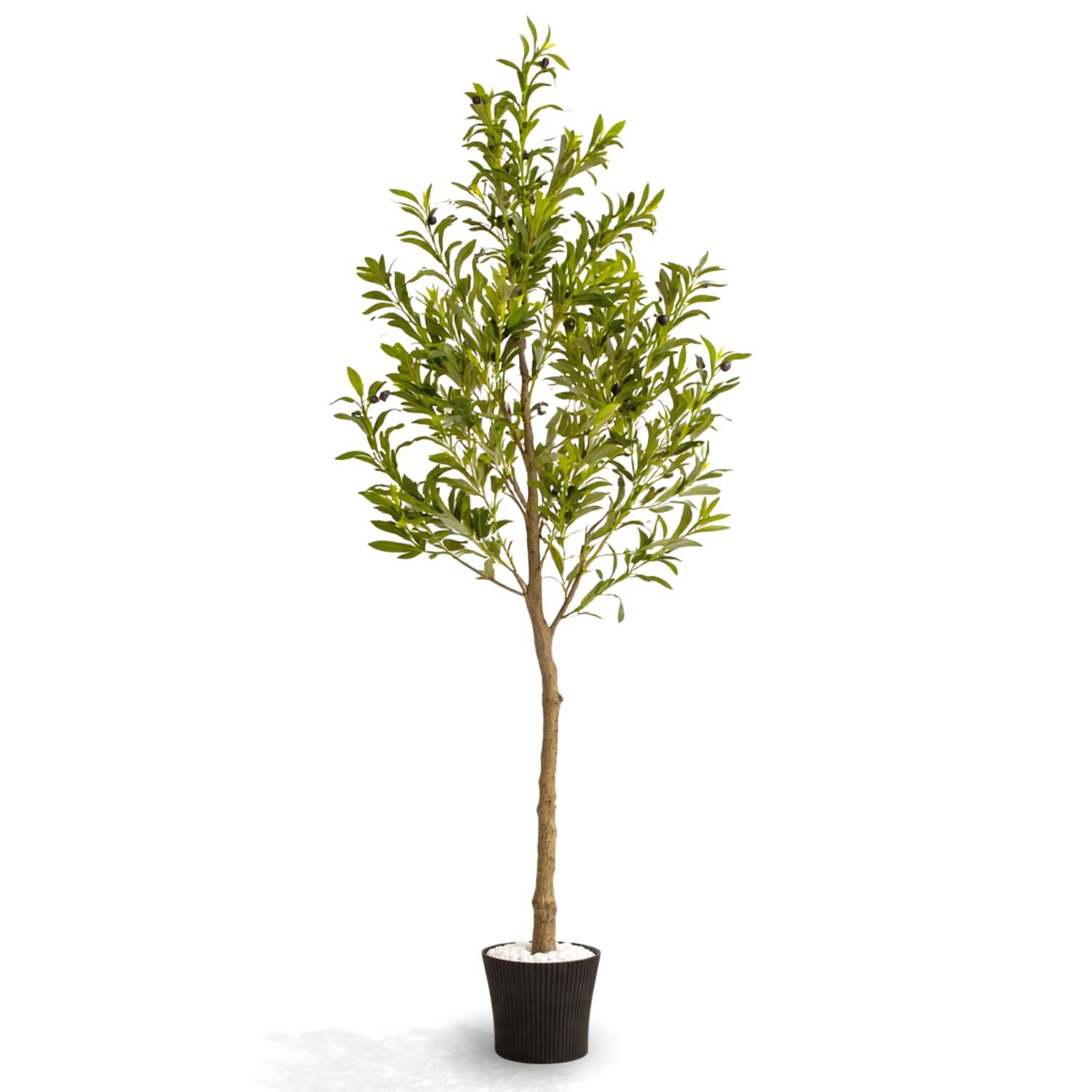 Novecrafto Green 6Ft/180Cm Artificial Olive Tree With Decorative Pot & Mediterranean Stones – Realistic Indoor Faux Olive Tree With Natural Trunk, Lifelike Leaves & Fruits – Living Room, Bedroom, Office