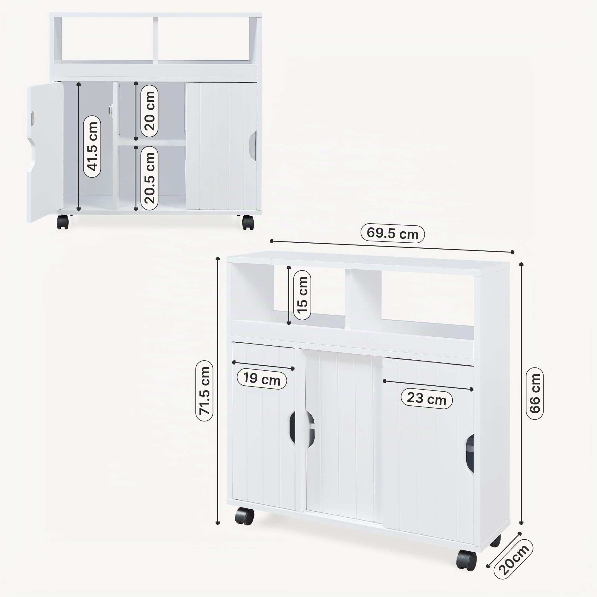 [en.casa] Armario Rodante Delgado Fadeskimma con 2 Compartimentos Abiertos y 3 Puertas Carrito Auxiliar con Ruedas Mueble Baño Carro de Almacenamiento Cocina 72 x 70 x 20 cm - Blanco