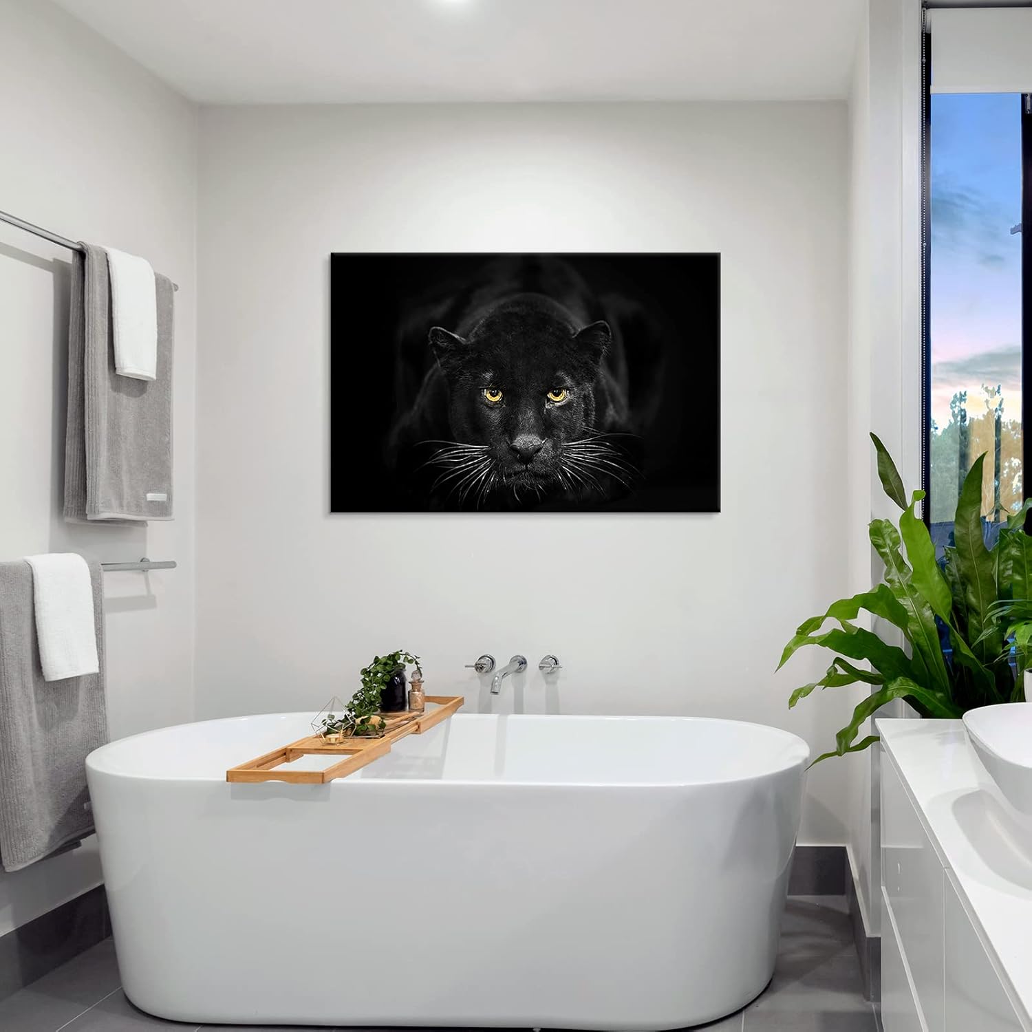 SEVEN WALL ARTS Black Panther Canvas Wall Art Black and White Wildlife Animal Painting Pictures Poster Print Modern Leopard Artwork for Living Room Bedroom Kitchen Office Decor 36"x24"