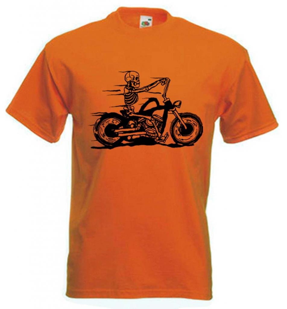 Tribal T-Shirts Orange Skeleton Rider Biker T-Shirt (Small, )