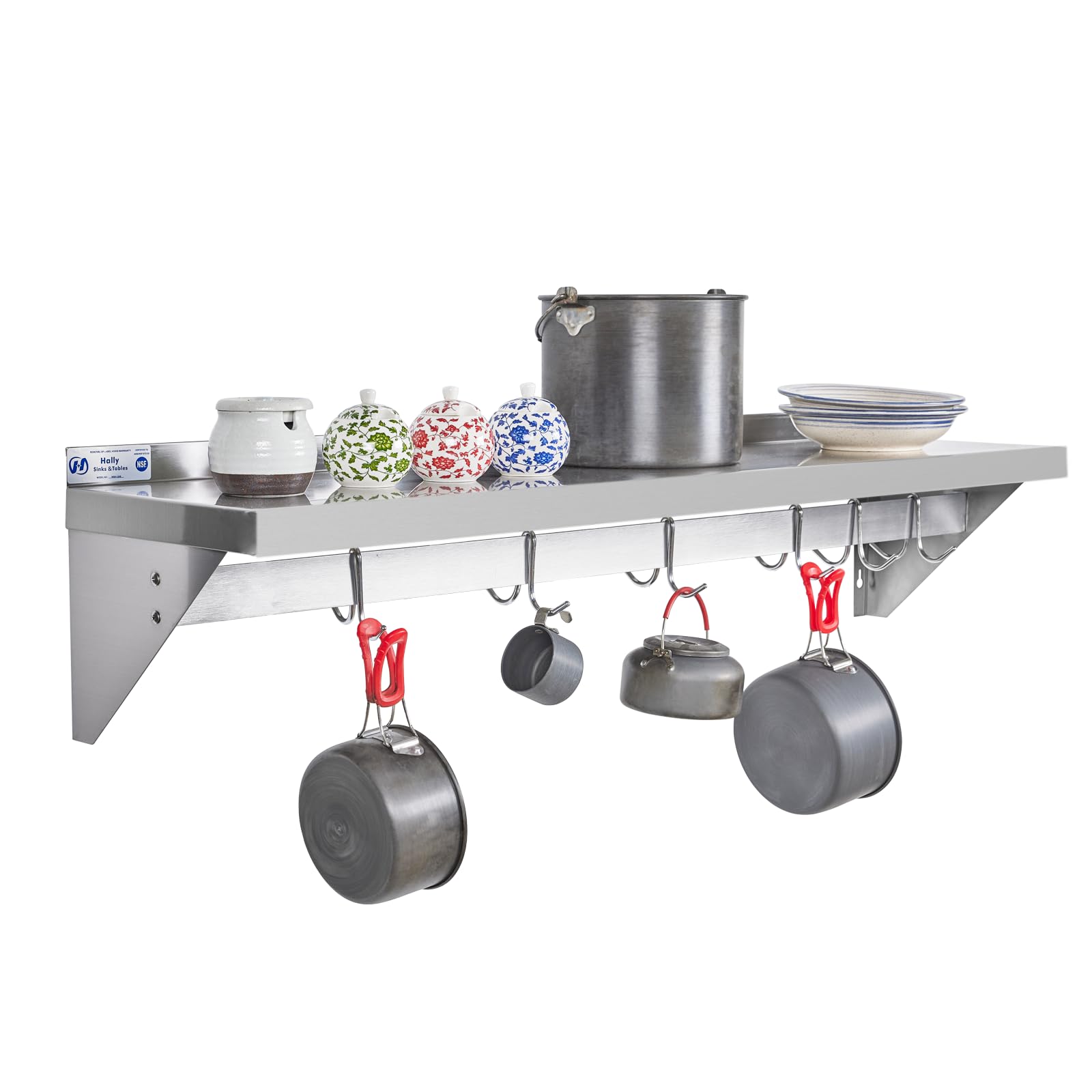 HALLY Étagère murale en acier inoxydable avec 6 crochets 30,5 x 121,9 cm, étagère flottante commerciale NSF pour le rangement de casseroles, poêles, ustensiles de cuisine dans le restaurant, la