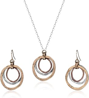 Tricolor Boho Circle Earrings and Necklace Set for Women Handmade Copper Burnished Dangle Earrings Sunrise Circles Necklace Antique Ethnic Style Jewelry Set