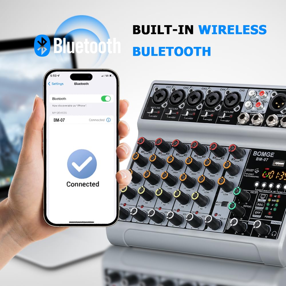 BOMGE - Console di Mixaggio Audio, Mixer Sound Board con 7 Canali Digitali USB Bluetooth, Effetto Echo Ritardo, Alimentazione Phantom 48 V, Mixer DJ Stereo per Registrazione, Live Streaming