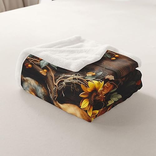 Vista 5 de Manta de vellón con diseño de girasoles amarillos, diseño retro marrón con tablones de madera con temática de animales para cama, sofá, decoración