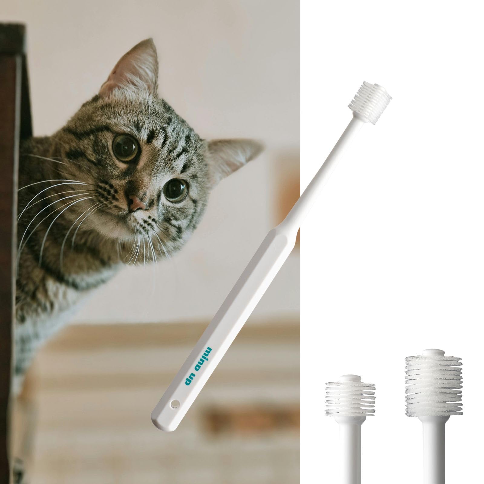Mind Up Cat Toothbrush with Cylinder Head, 360° Brush Design for Cat Teeth Cleaning, Pet Toothbrush for Hard-to-Reach Areas, Made in Japan