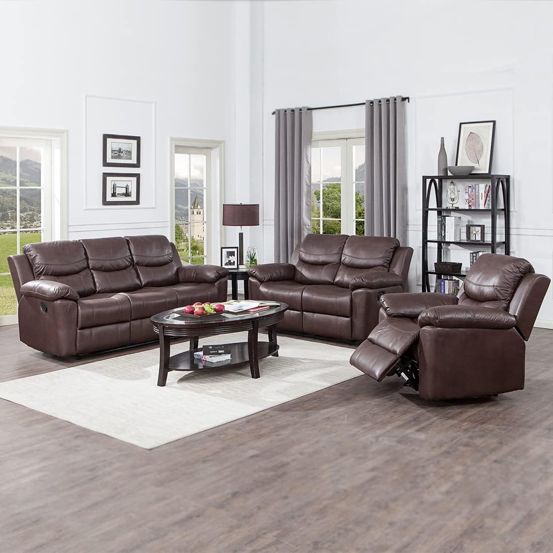 3 Pieces Recliner Sofa Sets Bonded Leather Lounge Chair Loveseat Reclining Couch for Living Room - Chocolate