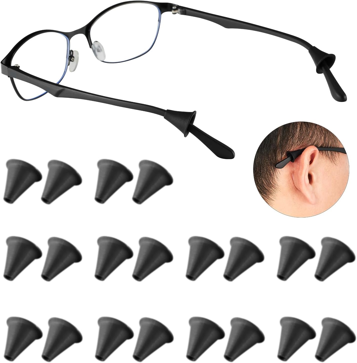 HASTHIP 10 Pairs Glasses Ear Grip Silicone Eyeglasses Temple Tip Sleeve Retainer Holder, Comfort Anti-Slip Glasses Retainers for Spectacle Sunglasses Reading Eyewear (Black+Clear)