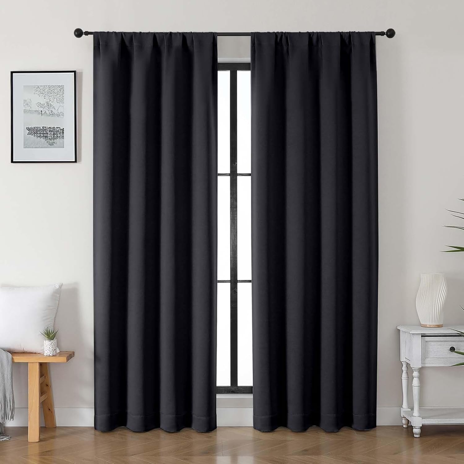 Gwine Black Blackout Curtains for Bedroom 84 inches Long 2 Panels Set, Solid Noise Reducing Thermal Insulated Blackout Curtains for Living Room with Rod Pocket, Each 40" Wx84 L