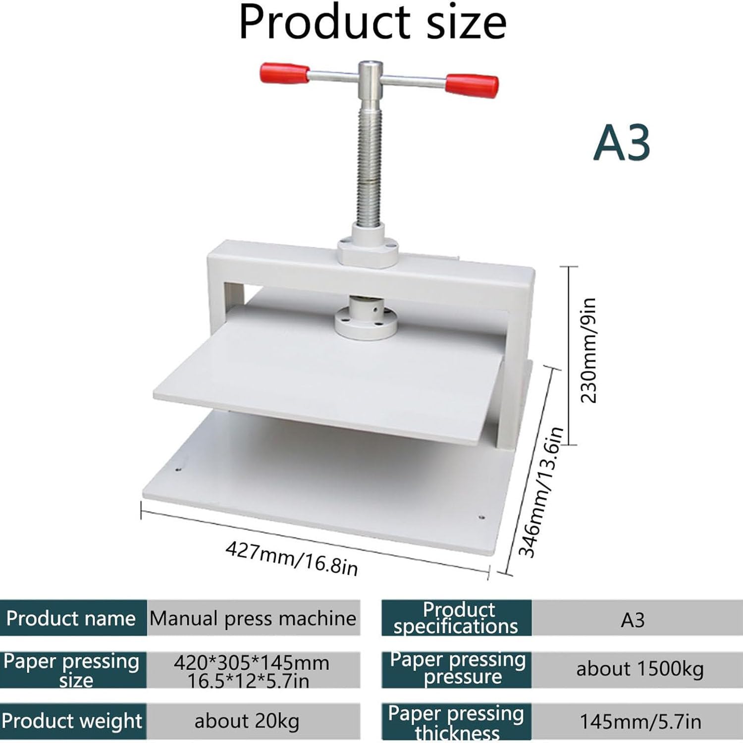 Prensa manual de papel para A3/A4/A5, prensa de encuadernación de presión de 1500 kg, herramienta de aplanamiento para manualidades y uso en la oficina