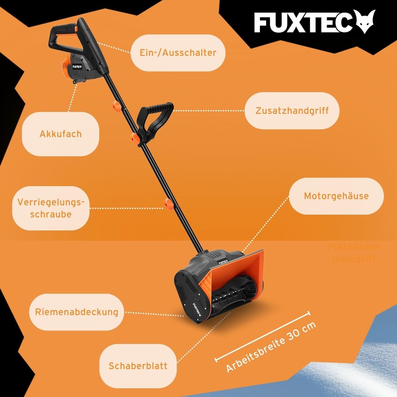FUXTEC Akku Schneefräse FX-E1SCH20SET, 20V Schneeschaufel elektrisch inkl. 4Ah Akku & Ladegerät, 30cm Arbeitsbreite, 6m Auswurfweite, leichtgewichtig, ideal für Einfahrt, Gehweg, Terrasse