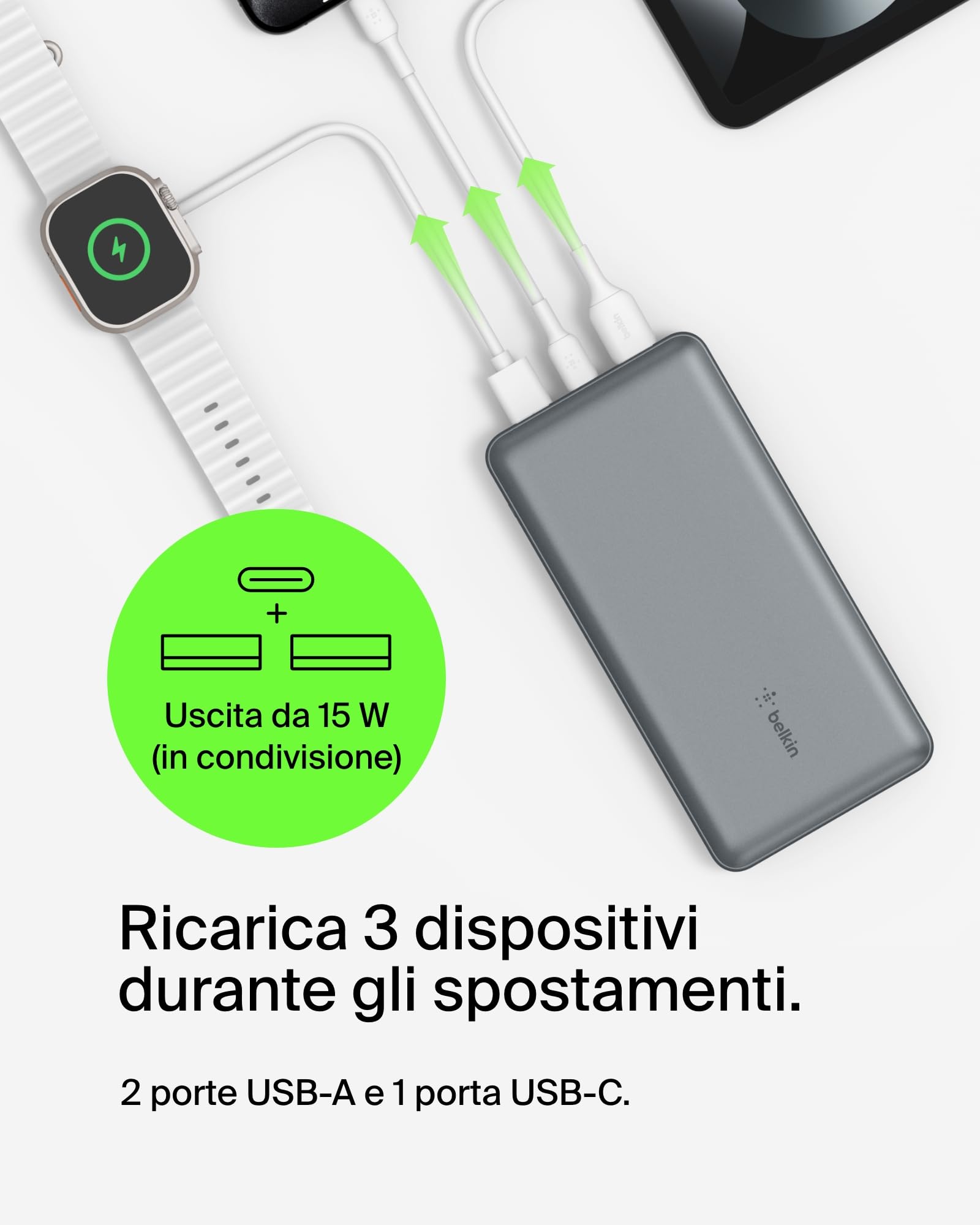 Belkin Caricabatterie portatile USB-C 20K, power bank 20000mAh con ingresso/uscita Type-C, 2 porte USB-A e cavo da USB-C a USB-A incluso per iPhone, Galaxy, iPad, Pixel, AirPods - Grigio siderale