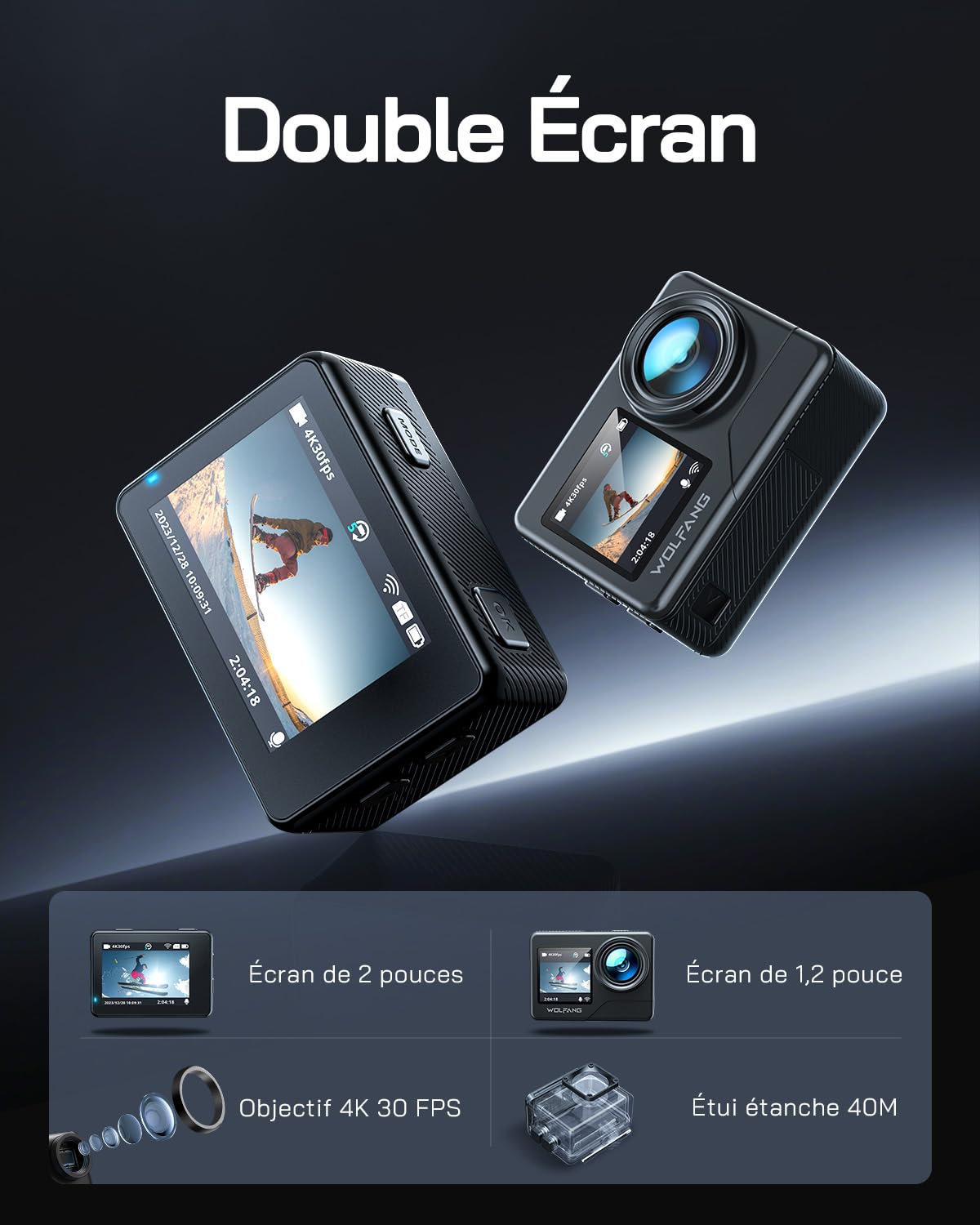 WOLFANG GA120 4K 20 MP Caméra d'action, étanche jusqu'à 40 m pour la Plongée avec Tuba, Grand Angle 170 °, Double écran WiFi, avec EIS, Microphone Externe et Télécommande