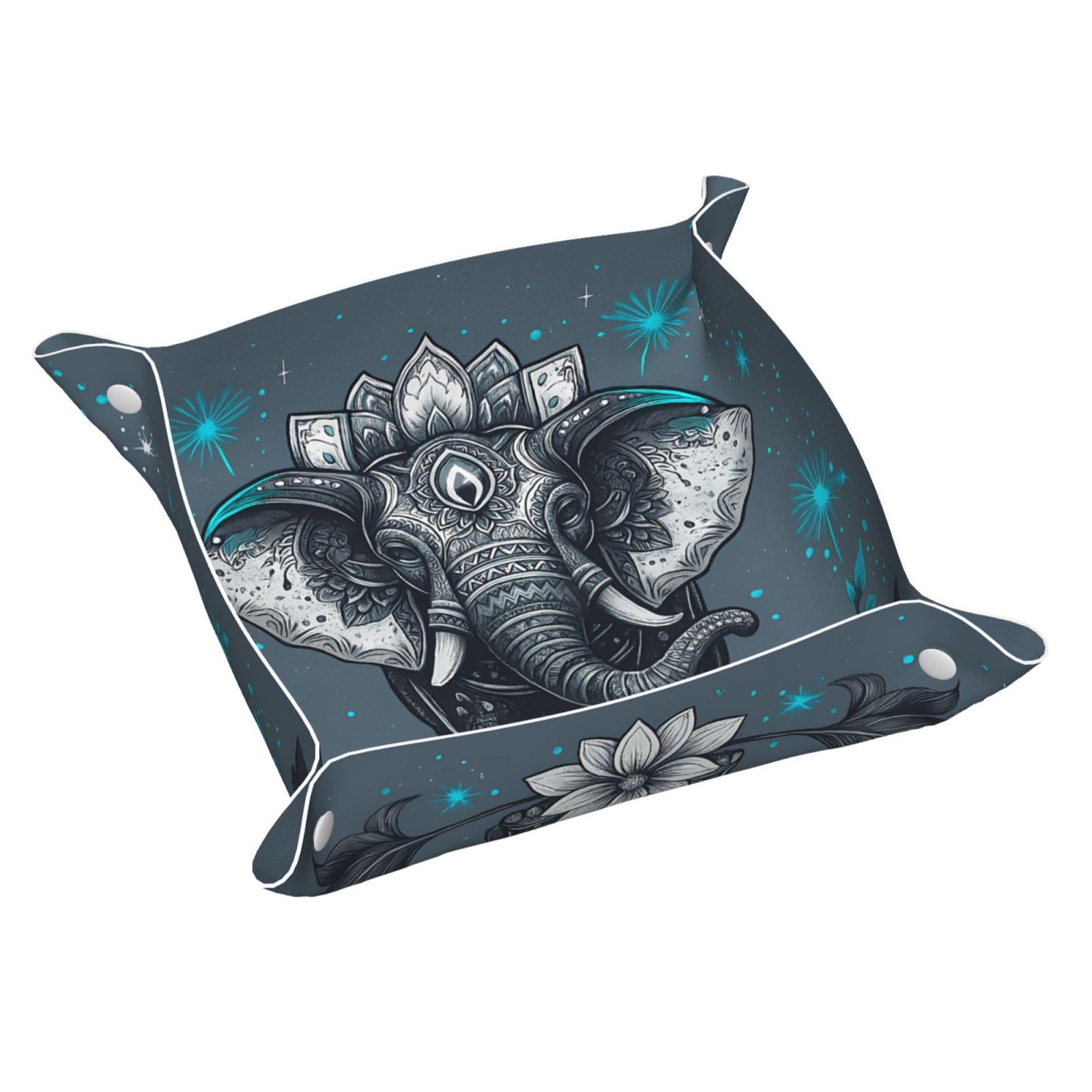 HLBSDM Graceful Mandala Elephant and Starry Flower Tray Men's Leather Valet Parking Portable Entrance Trays Bedside Storage Box