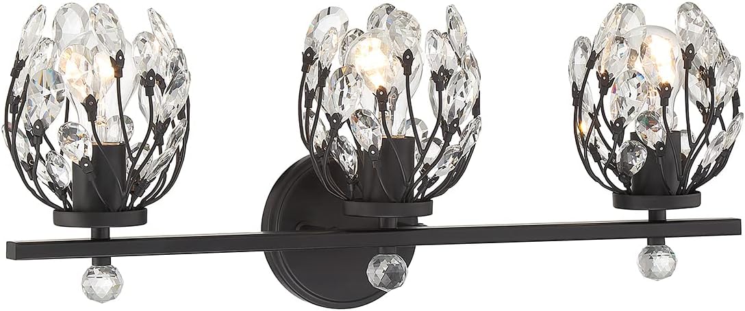 Savoy House 8-6601-3-BK Moreno Vintage Clear Crystal Bathroom Vanity Wall Light, 3-Light 180 Total Watts, 10" H x 24" W, Matte Black