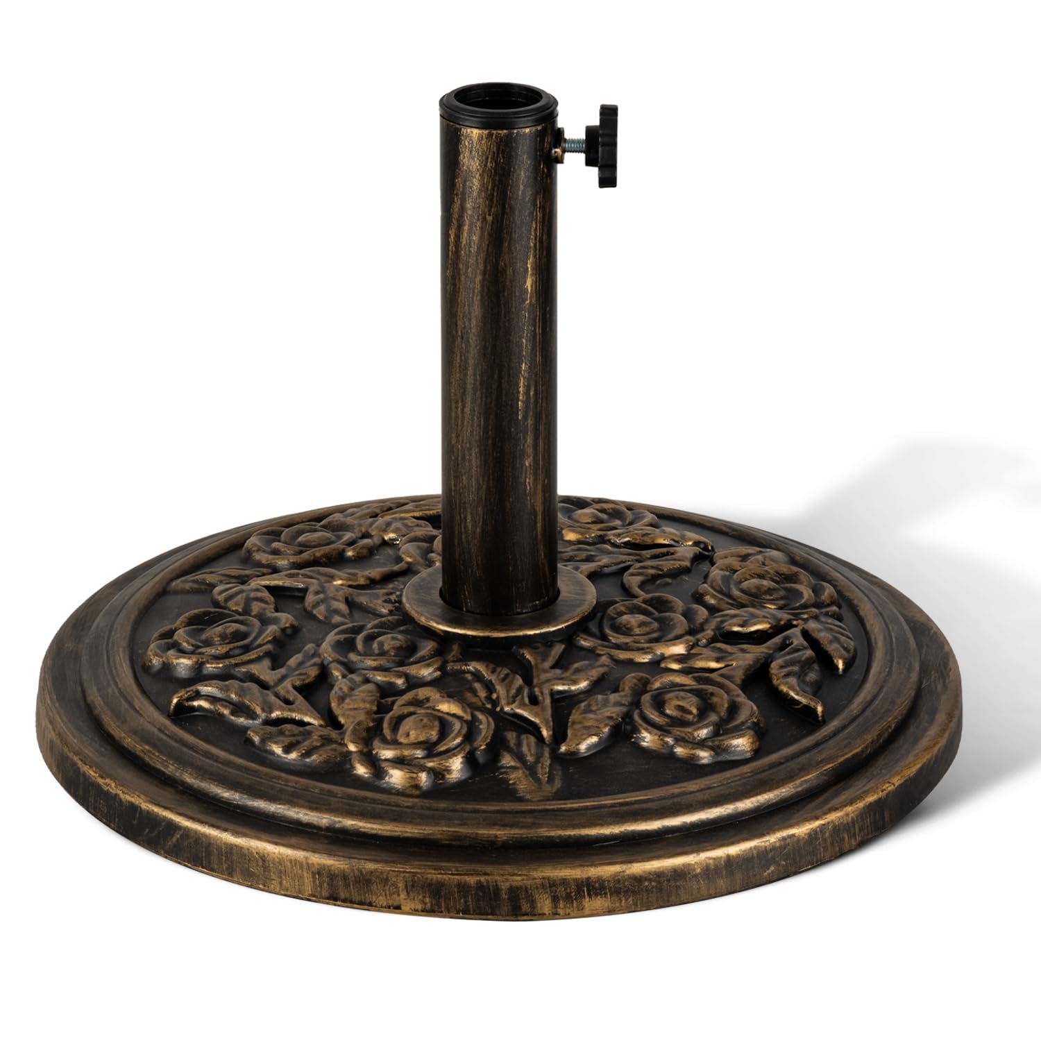 KEPLIN 20kg Cast Iron Effect Parasol Base with Floral Pattern โ Heavy Duty Garden Patio Furniture Stand for Umbrella, Canopy, Gazebo, Awning etc. โ Diameter 45mm (20kg, Bronze)