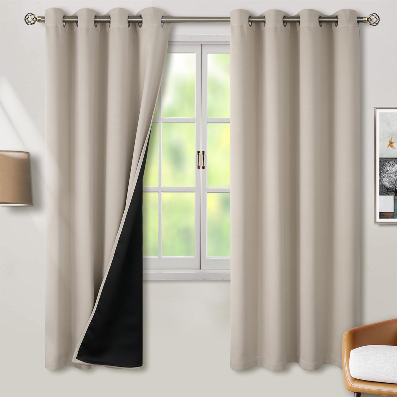 BGment Thermal Insulated 100% Blackout Curtains for Bedroom with Black Liner, Double Layer Full Room Darkening Noise Reducing Grommet Curtain (55 x 69 Inch, Cashmere, 2 Panels)