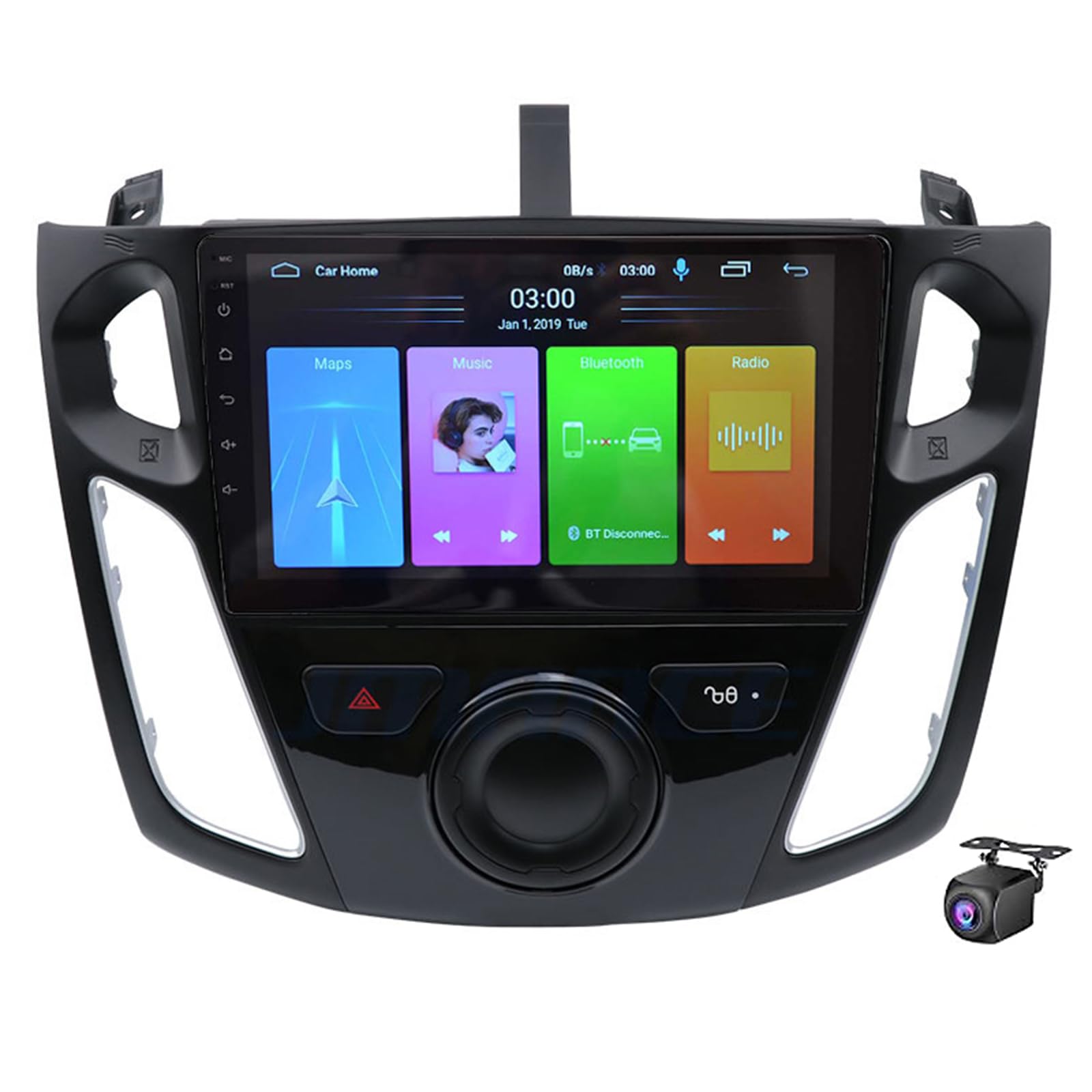 Uipob 2 Din Car Stereo for Fo-rd Focus 2011-2017 with 9" Touchscreen Compatible with Wireless Apple CarPlay/Android Auto Bluetooth Mirror Link EQ/FM/RDS Radio USB SWC Backup Camera(Size:4Core 2+32G)