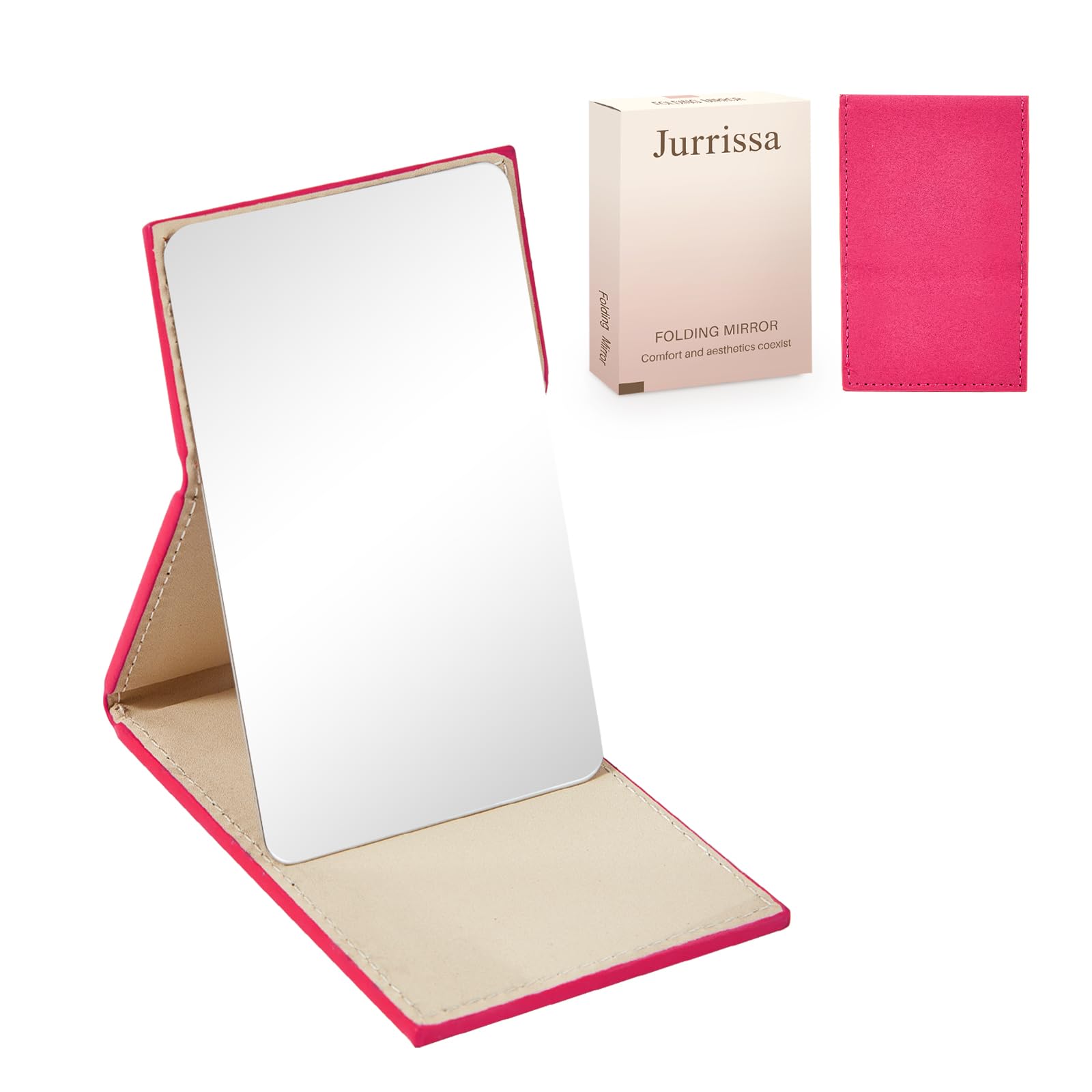 Jurrissa Compact Folding Mirror, 3.9" Stainless Steel Travel Mirror with PU Leather Case Cover for Makeup, Small Handheld Mirror for Pocket Purse, Mini Foldable Mirrors with Stand(HotPink)