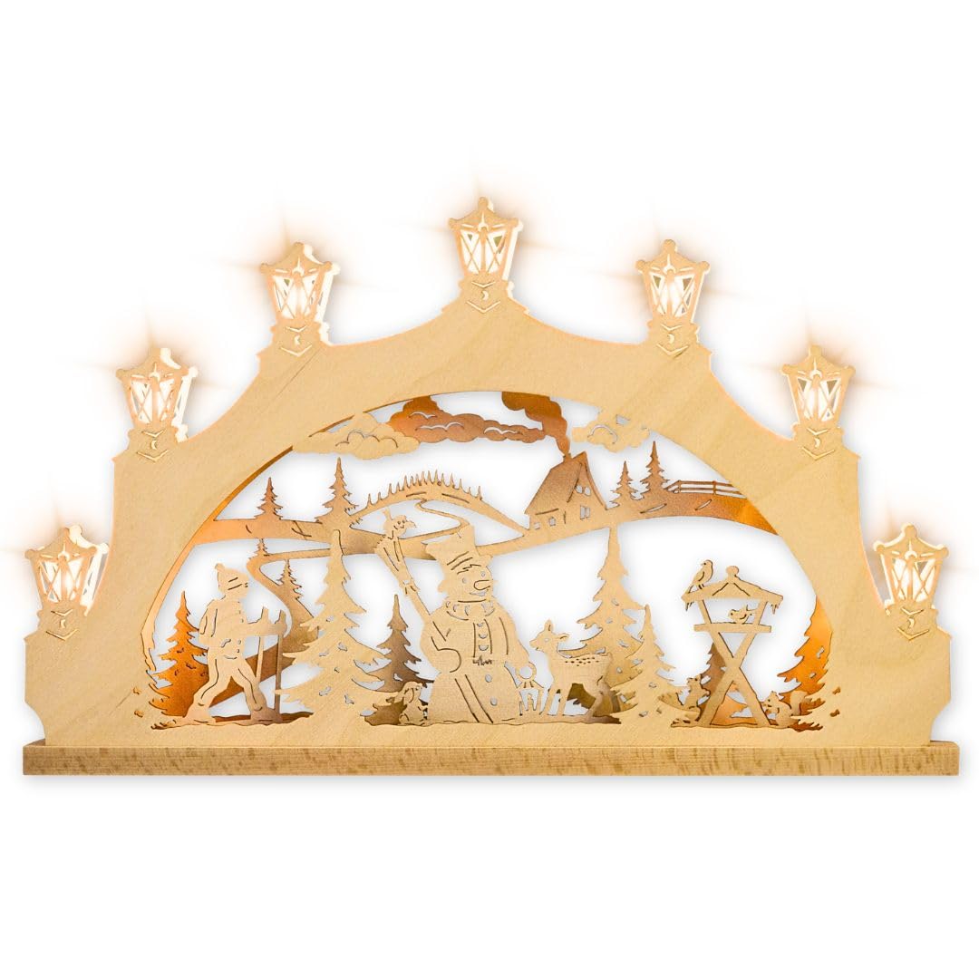 weigla - Schwibbogen original Erzgebirge I LED Lichterbogen Weihnachten I Motiv Schneemann im Wald I 7 Lampenkerzen + 1 Ersatzlampe I 7 x 34 V, 0,2 W, E10 I beleuchtete Weihnachtsdeko