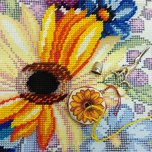 Image of Brvsk Floral Needlepoint Kit for Adults and Beginners - Sunflower Among Flowers 16″ x 16″ with Clear, Precise Printed Design on Cotton Canvas; Includes 2 Needles, Yarn, and Easy-Read Chart