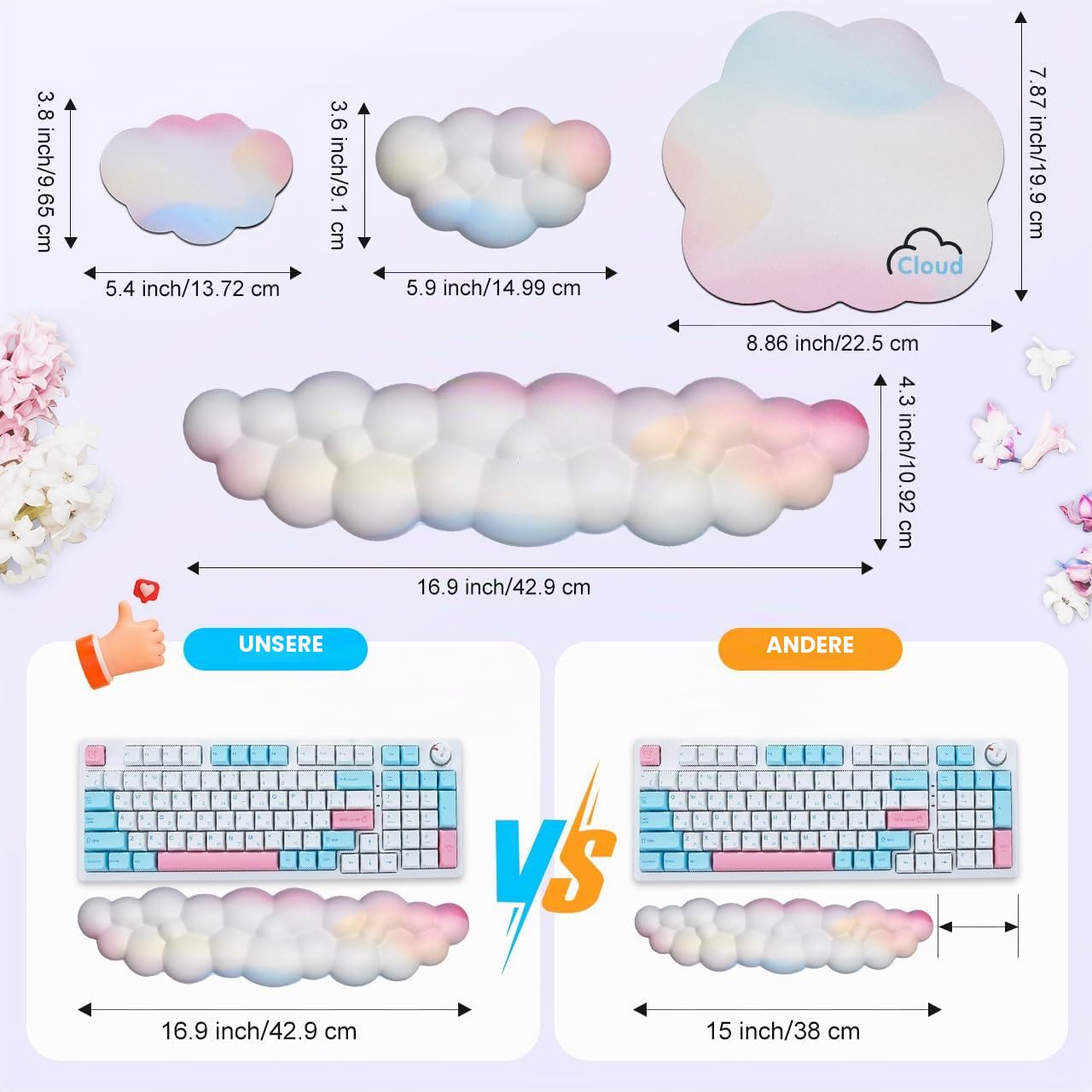 JIKIOU Cloud Handgelenkauflage Tastatur aus Leder mit rutschfester PU-Basis, bequemer Memory-Schaum für Computer, Laptop, Mac, Gaming, Büro und Schmerzlinderung
