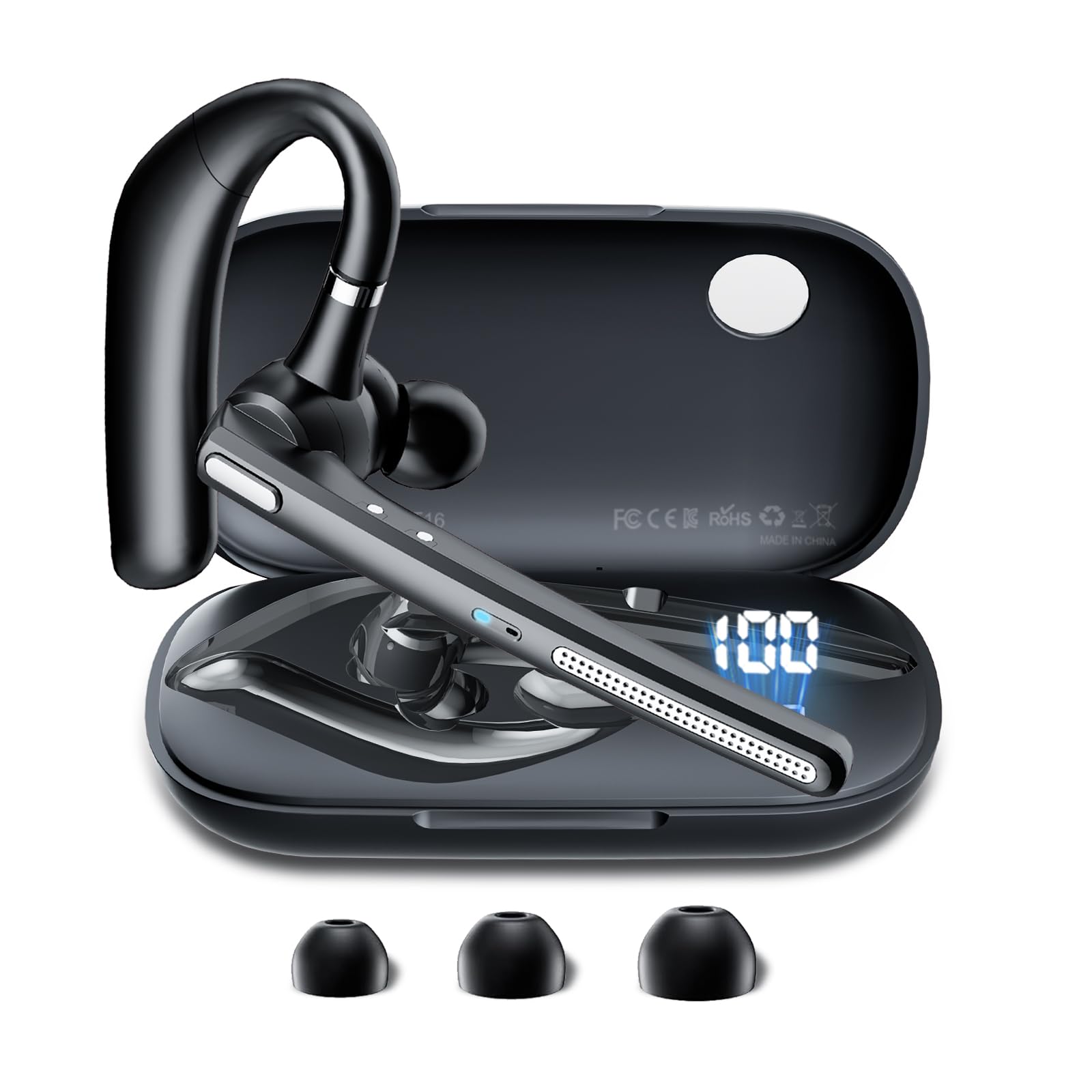 COTOE Bluetooth Headset V5.3, Wireless Earpiece with 500mAh Charging Case Hand-Free Headphones Noise Canceling Mic for Office/Driving/Business,Black